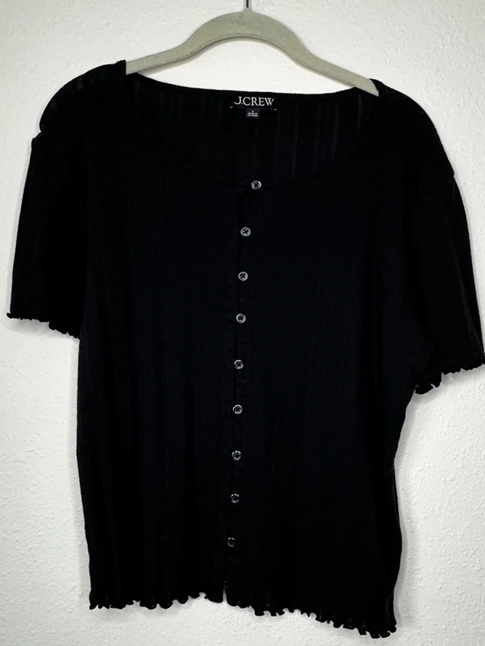 J. Crew Pointelle Short Sleeve Cardigan, Black, Size Large